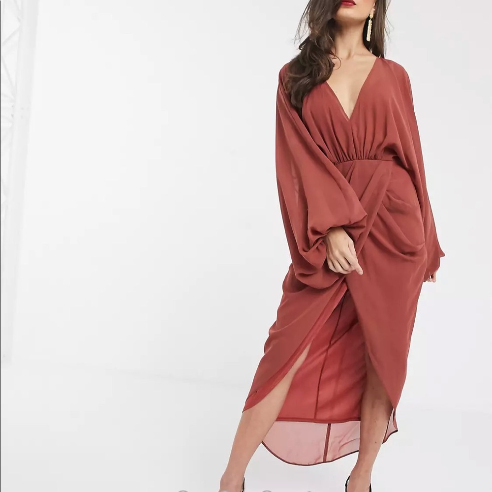 ASOS DESIGN plunge front blouson sleeve midi dress